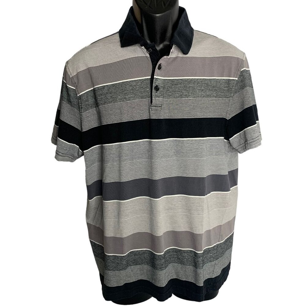 Alfani Short Sleeve Polo Shirt L Grey Cotton Knit Stripes Buttons Collared